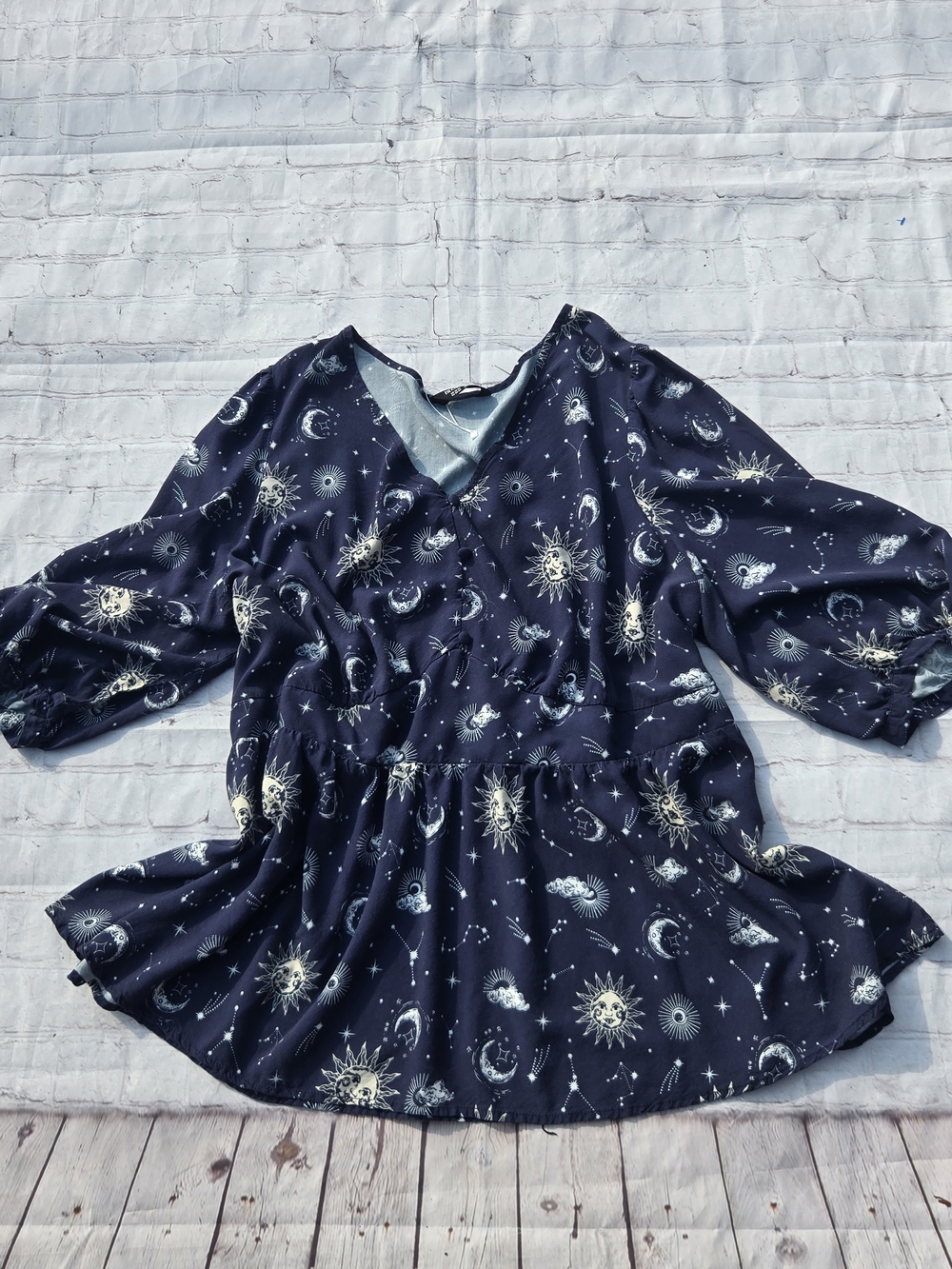 BloomChic Celestial Sun Mooon Stars V-Neck Babydoll Flowy Blouse Whimsigoth 2x